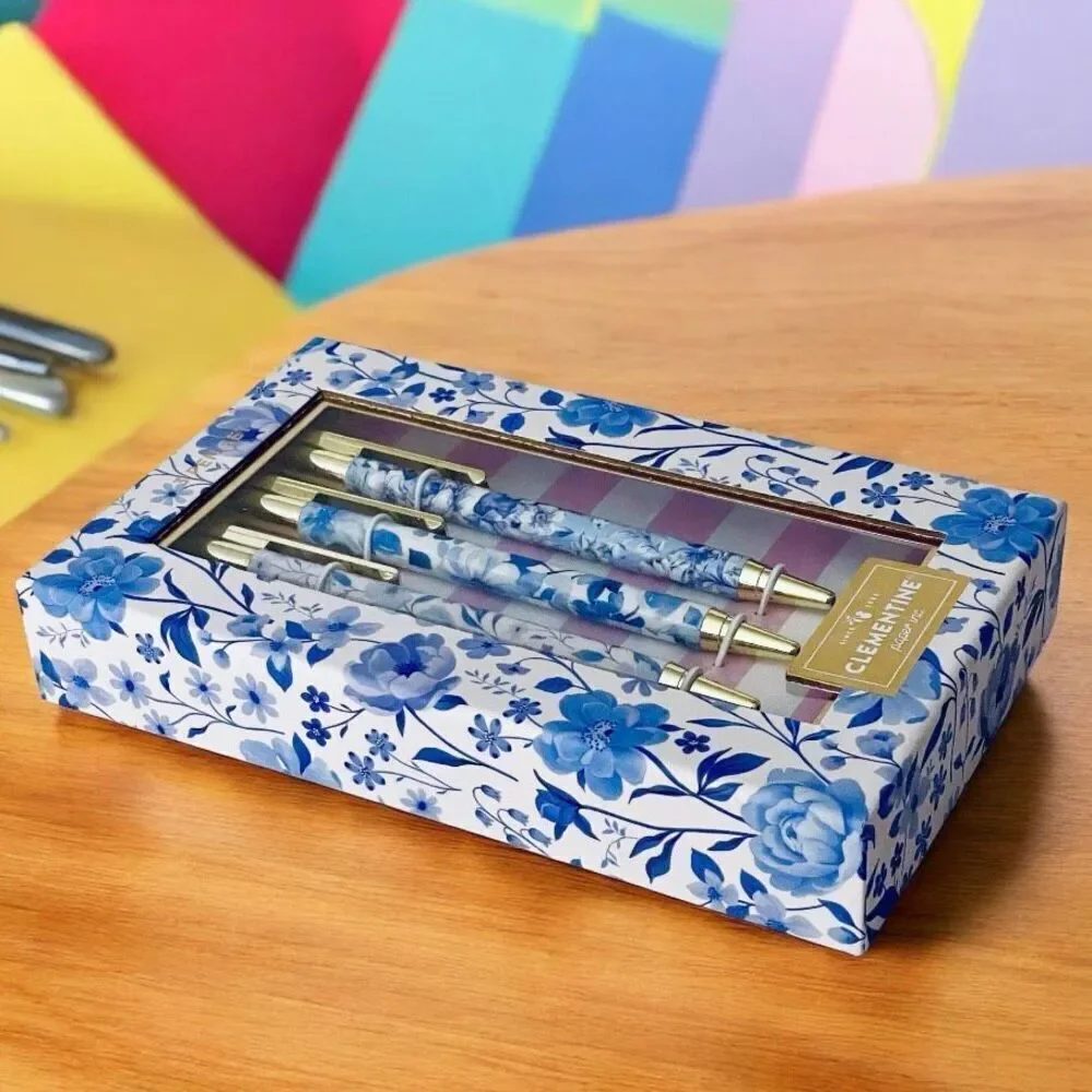 NWT Gorgeous Clementine set of 3 Floral Blue & Gold Pens with Black Ink Gift Set